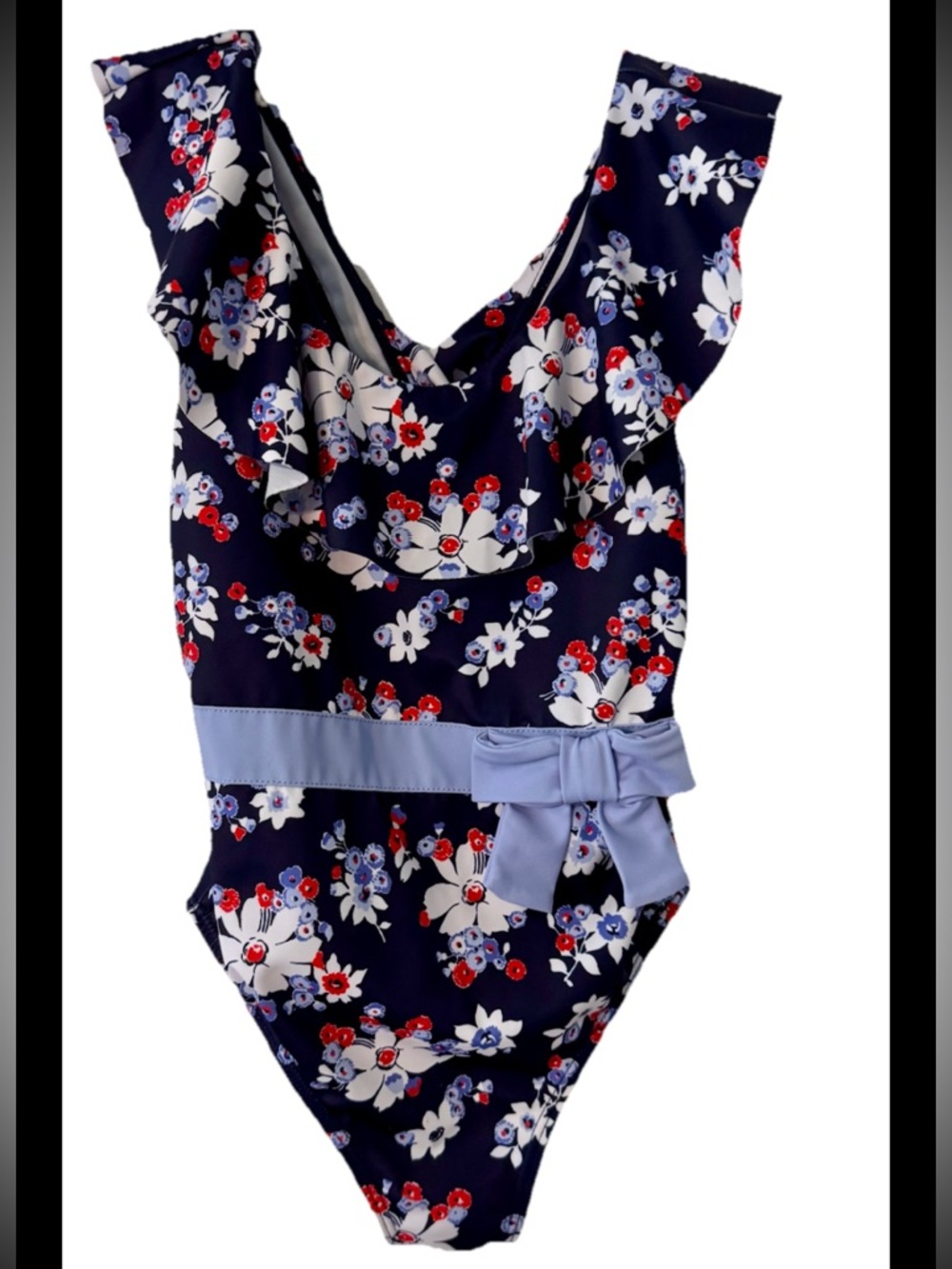 Janie and Jack Girls Navy Red White Floral Ruffle w/Bow One-Piece Swimsuit Sz 5